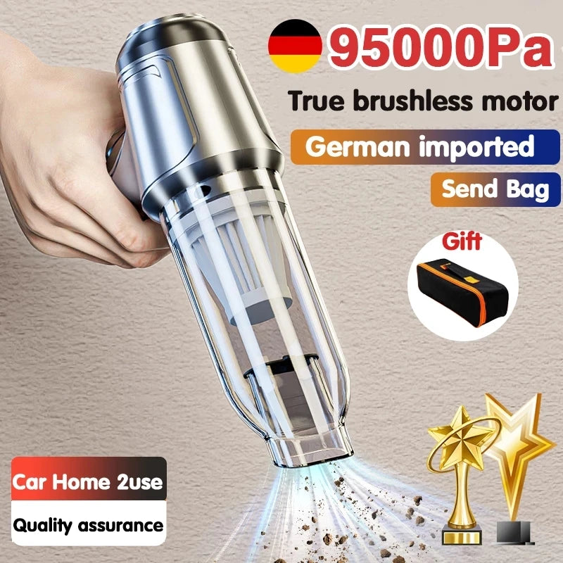 95000Pa 3 in 1 Car Wireless Vacuum Cleaner, The text describes a wireless vacuum cleaner suitable for both home and car use.