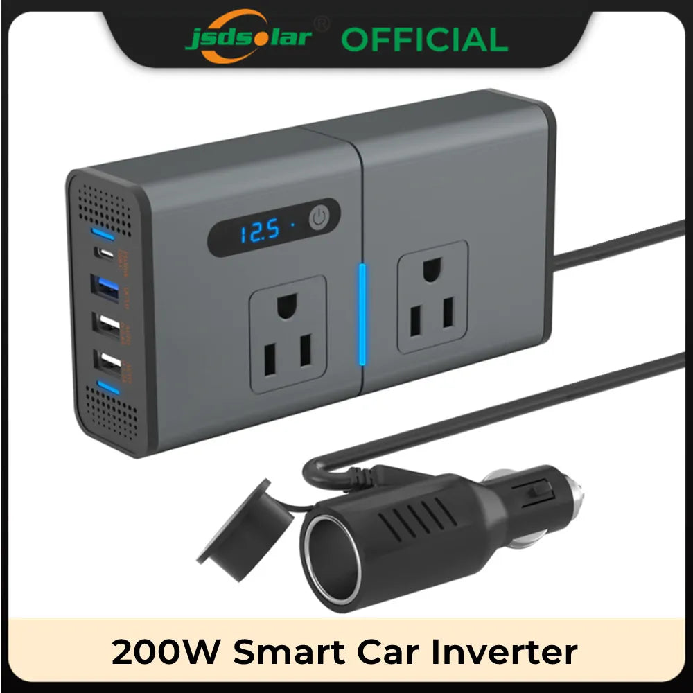 New Car Power Inverter, A car power inverter converts DC 12V to AC 220V with 200W output and features quick charging and USB ports.