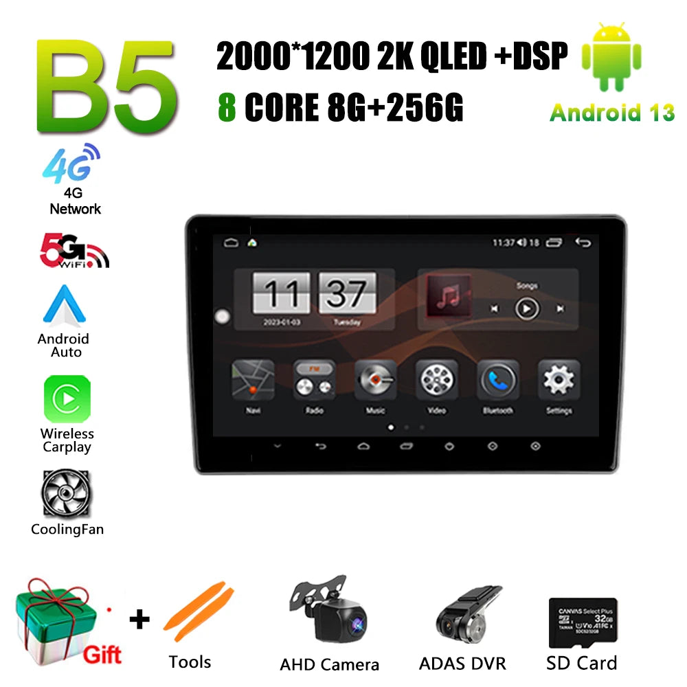 The car radio features Android 13 navigation, Apple wireless car player, and advanced specifications like DSP, processor, RAM, storage, and 4G network support.
