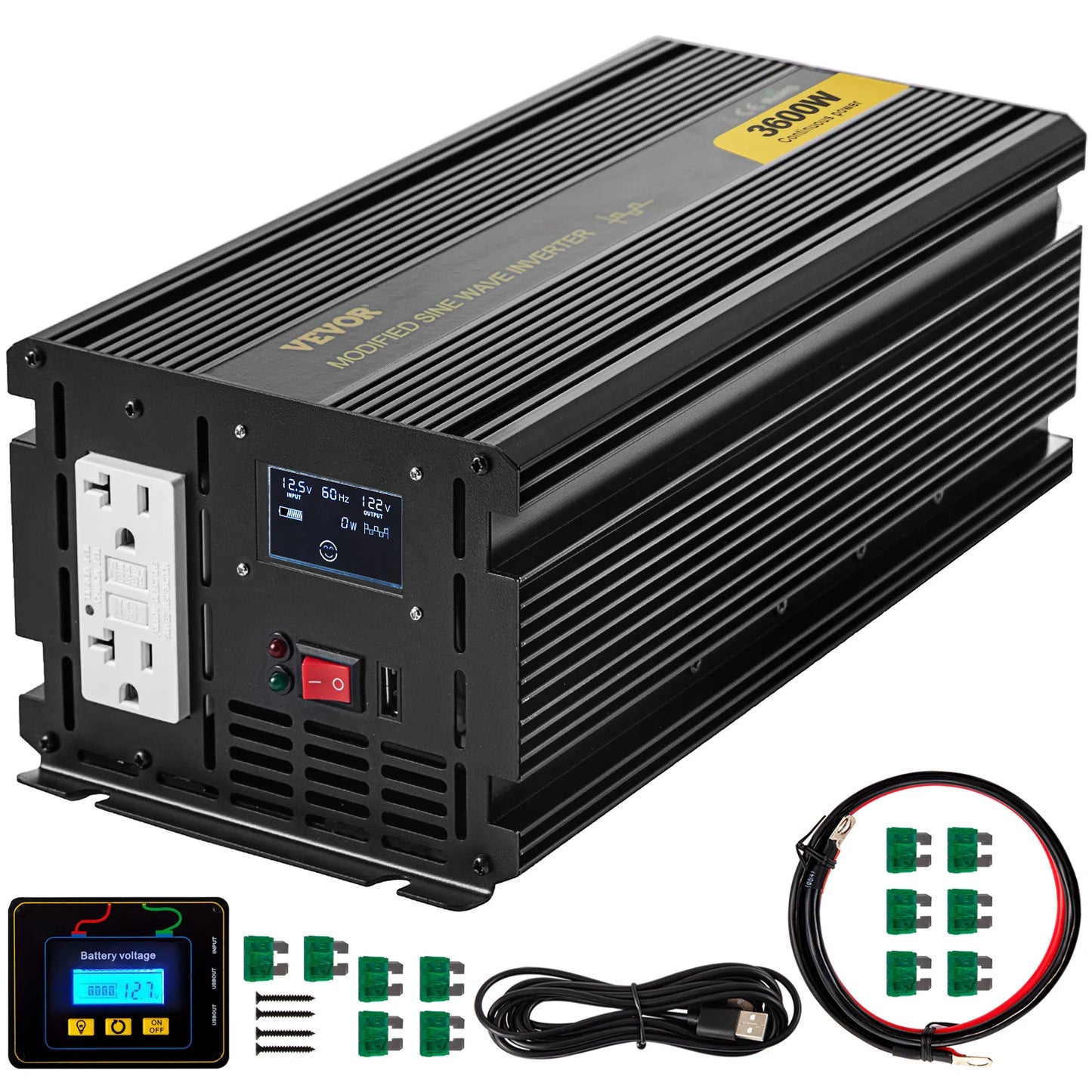 VEVOR Modified Sine Wave Power Inverter 1500W-5000W DC 12/24V to AC 110/120V with LCD Display Remote Controller for Camping Use