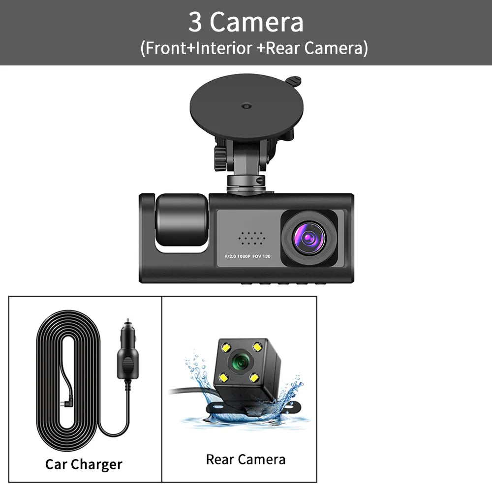 A dash cam video recorder with three lenses and a parking monitor.