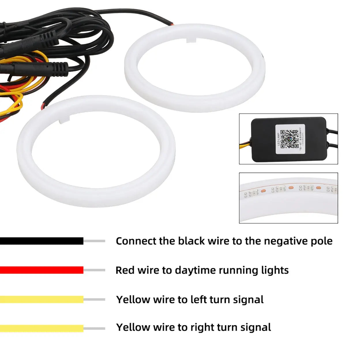 Angel Eyes kit includes 3 symphony halo rings for car or motorcycle lights, compatible with 9-30V voltage systems.