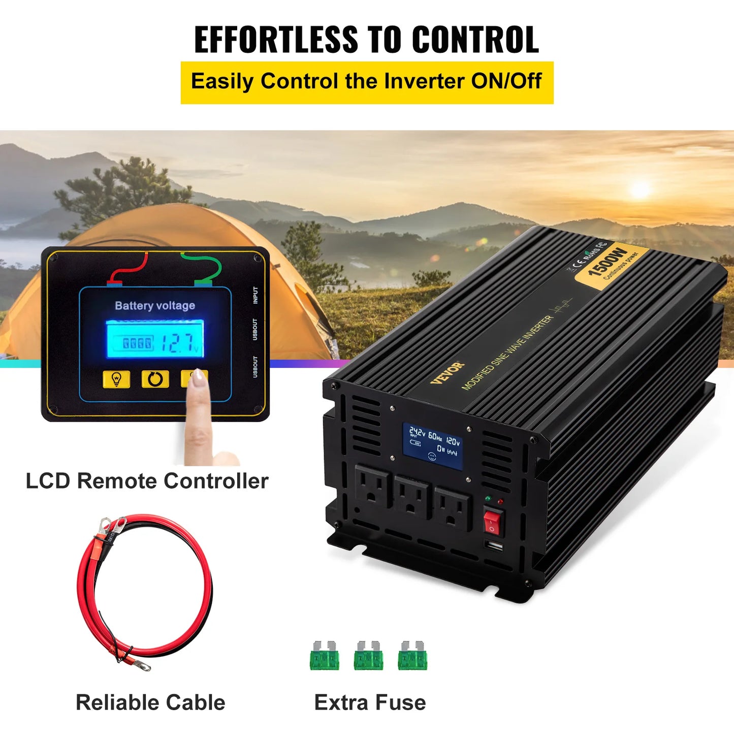 VEVOR Modified Sine Wave Power Inverter, A power inverter for camping use with LCD display and remote controller, featuring adjustable voltage and reliable cables.