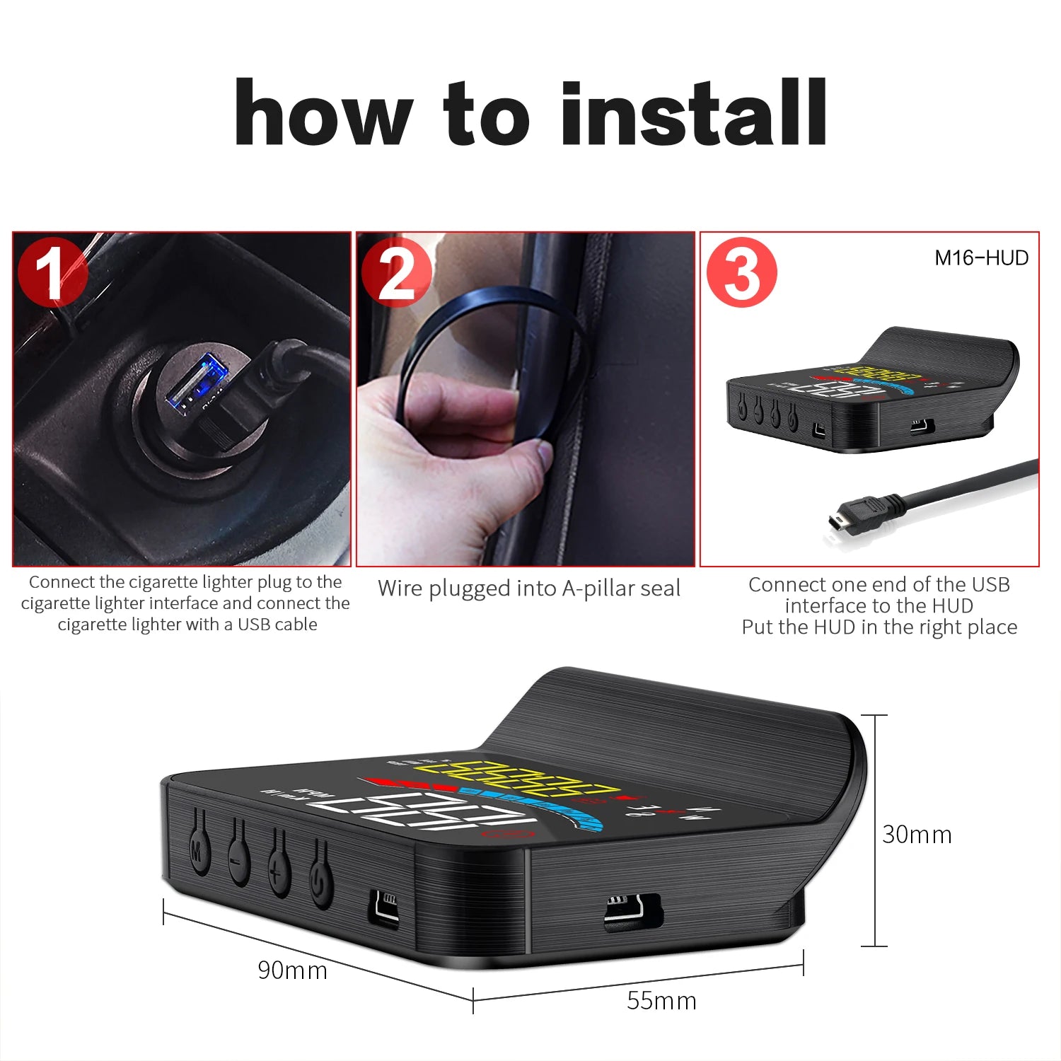 M16 HUD, Head up display with GPS and digital compass for cars, installs via cigarette lighter plug and USB cable.