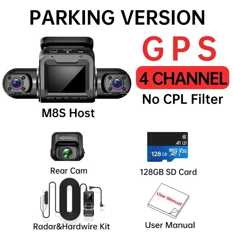 FONDIM Mini Hidden Car Dash Cam M8S 4CH DVR, FONDIM Mini Hidden Car Dash Cam M8S records 360 HD video with night vision, GPS, and WiFi connectivity.