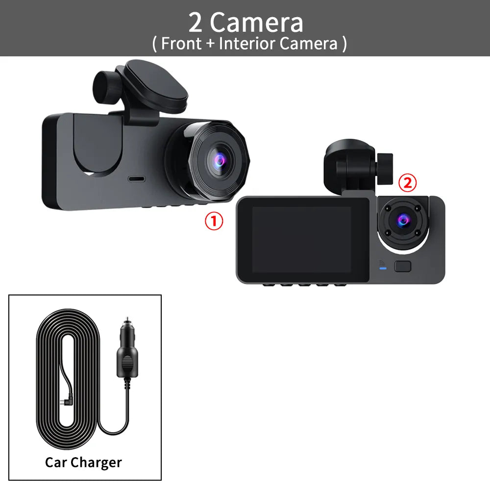 3 Channel Car DVR, Three-channel car DVR captures 1080p footage from inside and outside with three lenses for road incident recording.