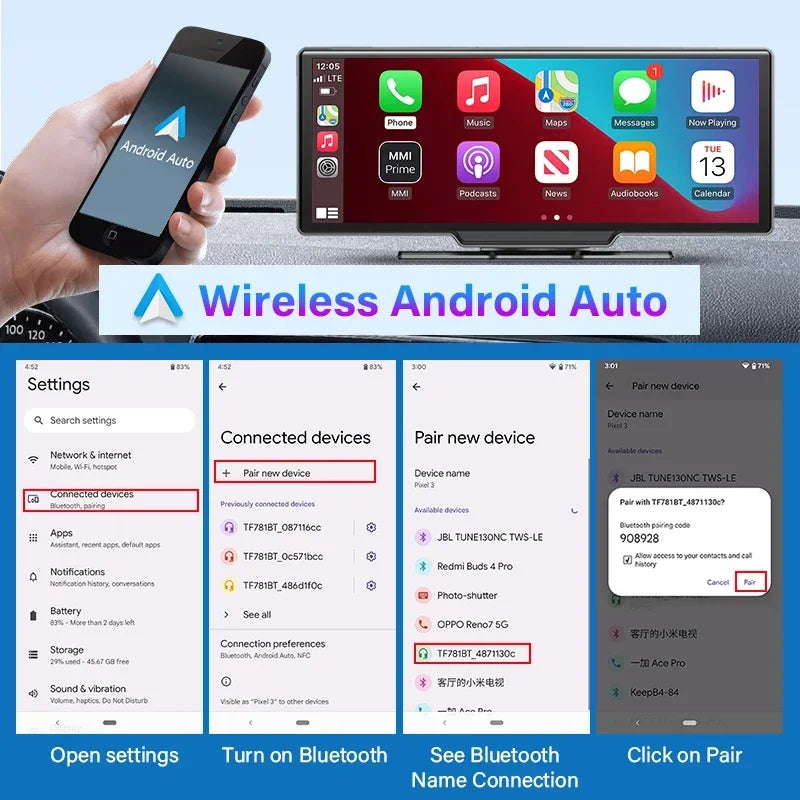 A dash cam with Wi-Fi connectivity, 4K video recording, GPS navigation, and Carplay/Android Auto support for enhanced safety and convenience.
