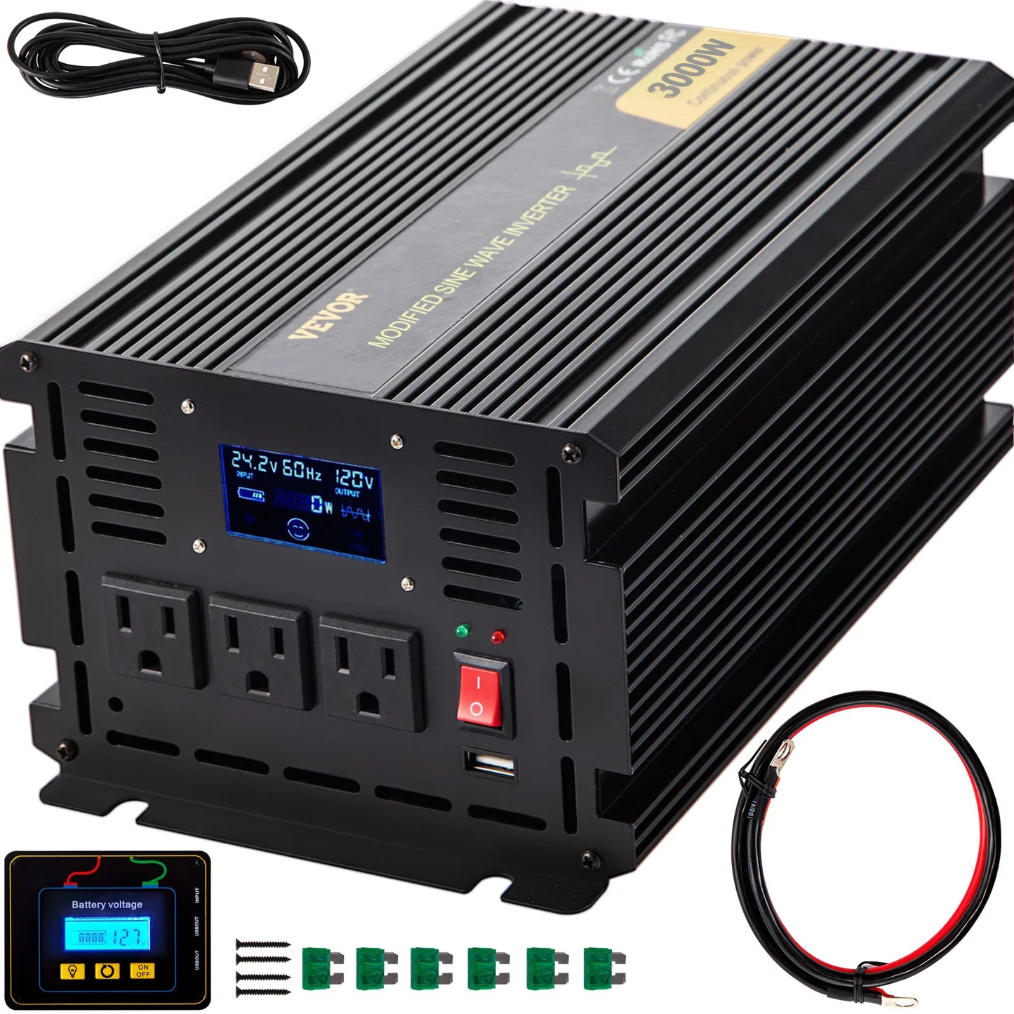 VEVOR Modified Sine Wave Power Inverter, Inverter converts DC power from 12/24V batteries to AC power for appliances, featuring high-efficiency modified sine wave and LCD display.