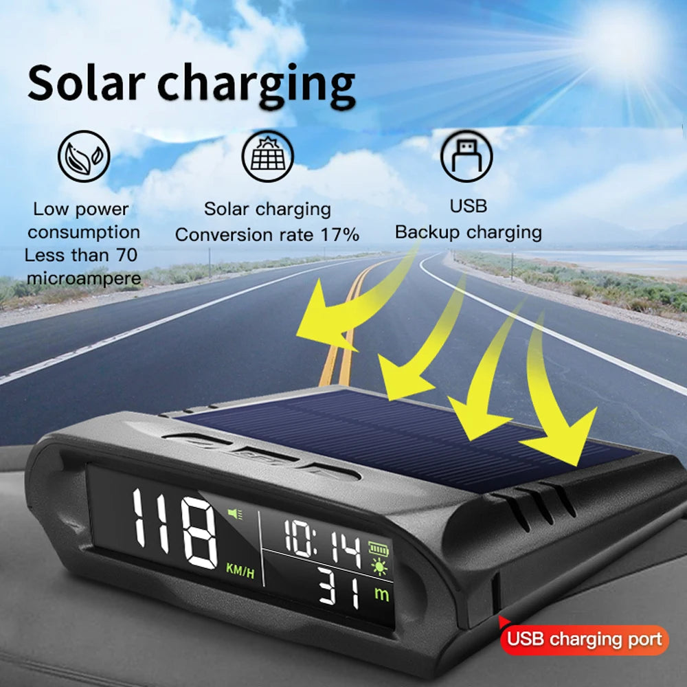 Solar Digital Car HUD, Solar car head-up display features GPS, speedometer, and fatigue warning, ensuring a safer driving experience.