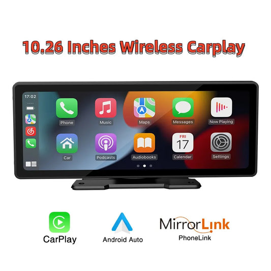 Universal car radio with 10.26 inch screen, wireless CarPlay, and connectivity features for Apple and Android devices.