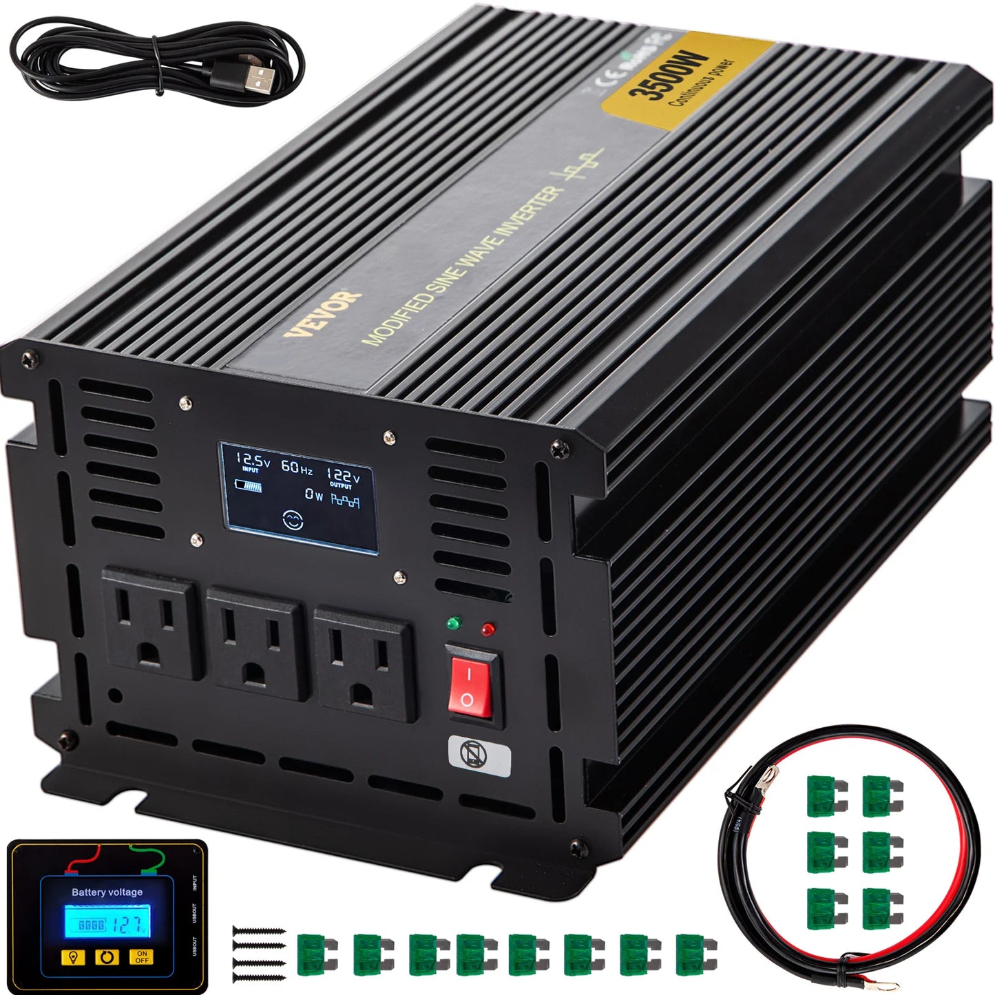 VEVOR Modified Sine Wave Power Inverter 1500W-5000W DC 12/24V to AC 110/120V with LCD Display Remote Controller for Camping Use
