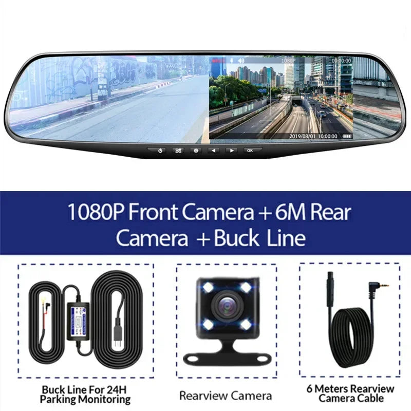 4.3 Inch Driving Recorder Car DVR, 4.3 inch driving recorder with dual lenses records front and rear views in 1080P IPS, featuring rearview mirror design and black box function.