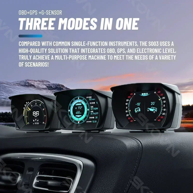 A car head-up display with features like GPS, OBD II, water and oil temperature monitoring, RPM tracking, and security alarm.