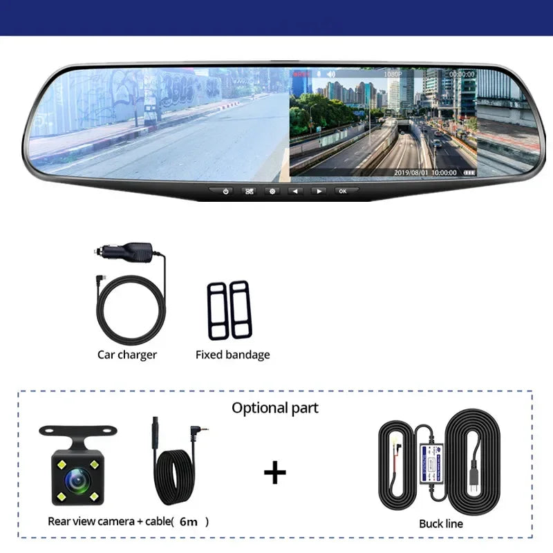 4.3 Inch Driving Recorder Car DVR, Product description of a driving recorder with dual lenses, 1080p resolution, and rearview mirror functionality.