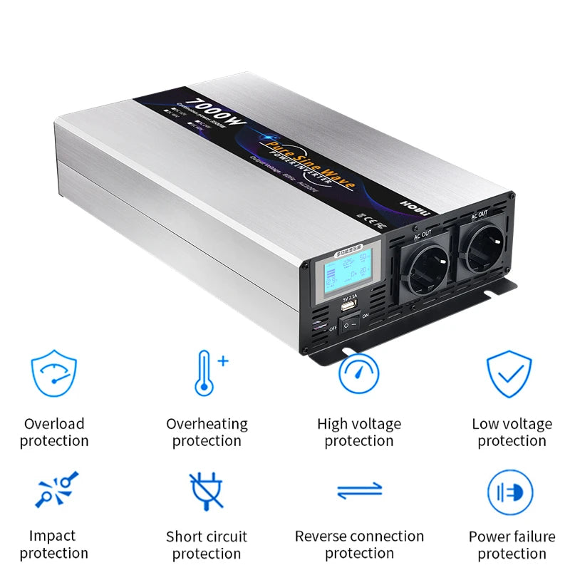 The Pure Sinus Wave Inverter converts DC power to AC 220v or 230v with output powers ranging from 3000W to 7000W, suitable for solar-powered cars.