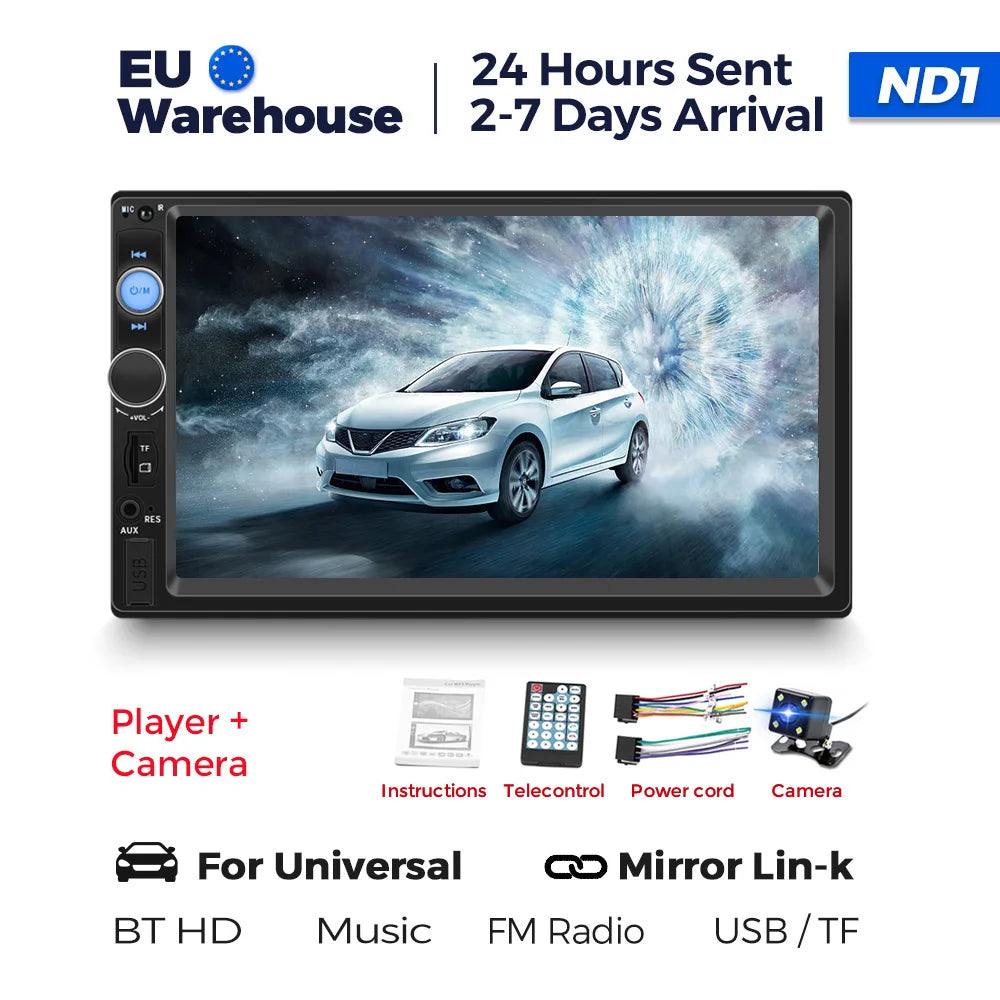 Navifly ND1 car radio features 7-inch HD touchscreen, Bluetooth, steering wheel control, and multimedia player.