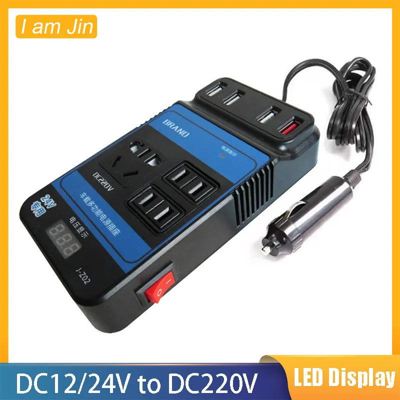 Car Power Inverter DC 12V 24V To DC220V 4 USB Port Modified Converter Adapter Auto Charger LED Digital Display One Button Switch