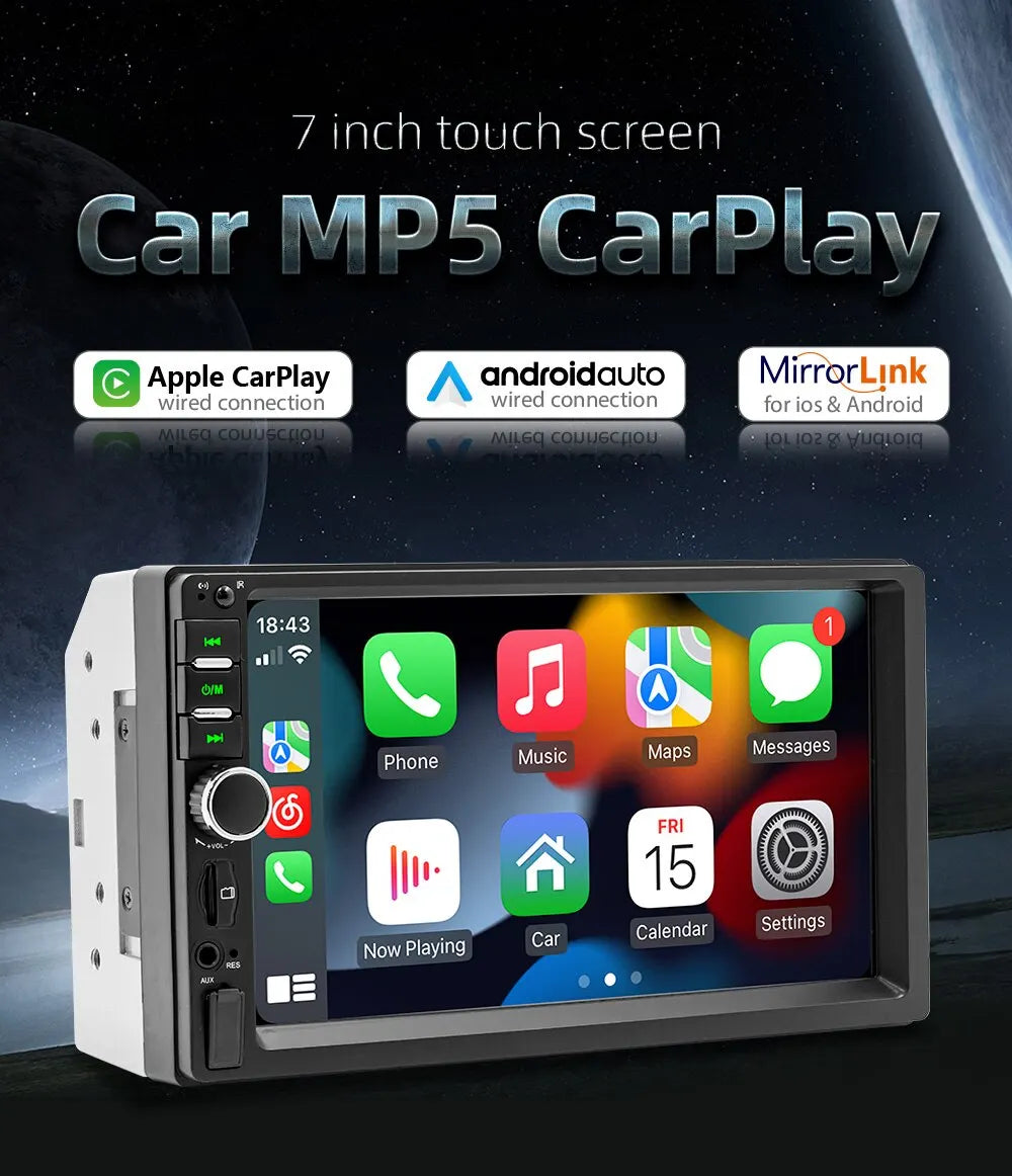 Universal CarPlay Android Auto features a 7-inch touchscreen with Apple CarPlay, Android Auto, and MirrorLink connectivity.