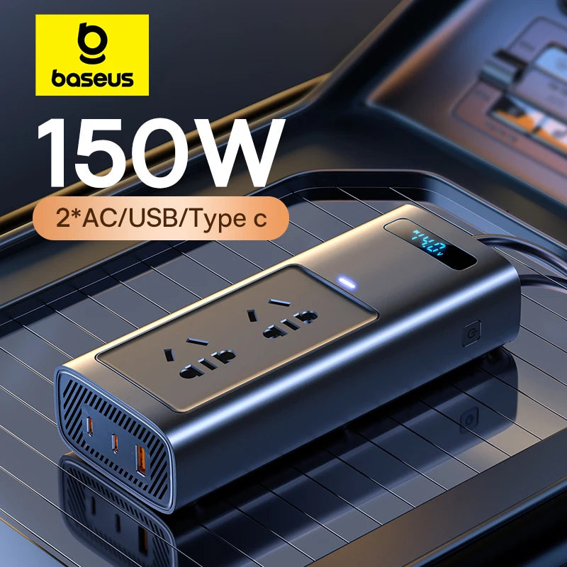 Baseus 150W Car Inverter, Convert your car DC power to AC power using Baseus' 150W inverter with USB Type-C charging.