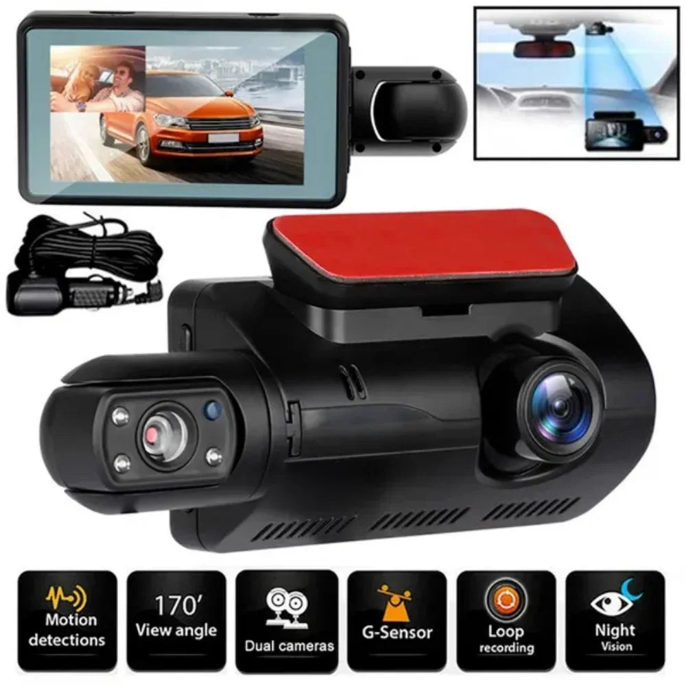 Dual lens dash cam records 1080P video with Wi-Fi, night vision, and G-sensor.