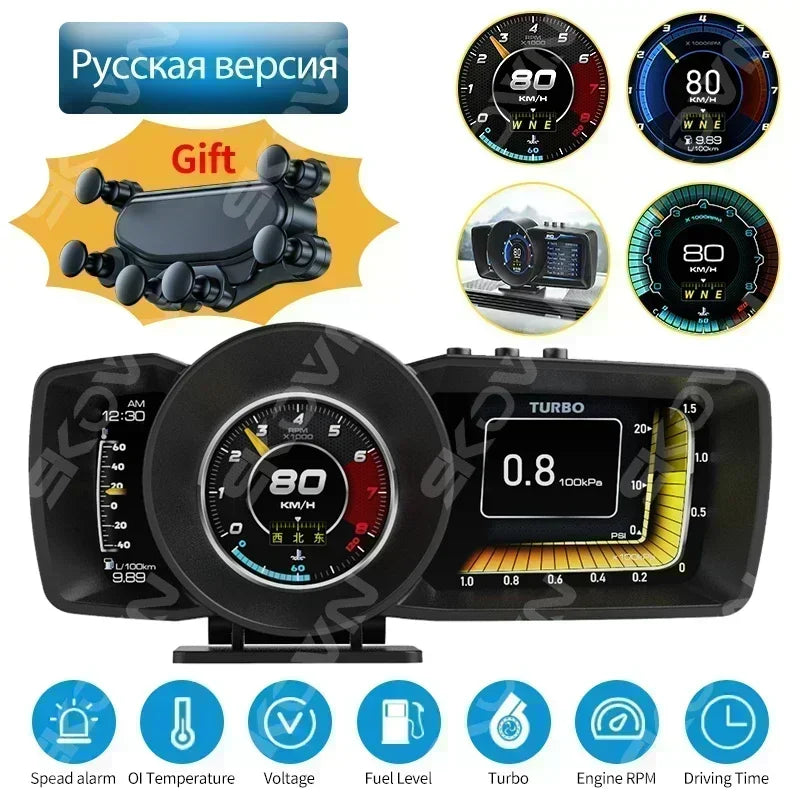 Dual Screen Car Head Up Display OBD2 GPS Auto Display Smart Car HUD On-Board Computer Gauge Security Alarm Water&Oil Temp. RPM