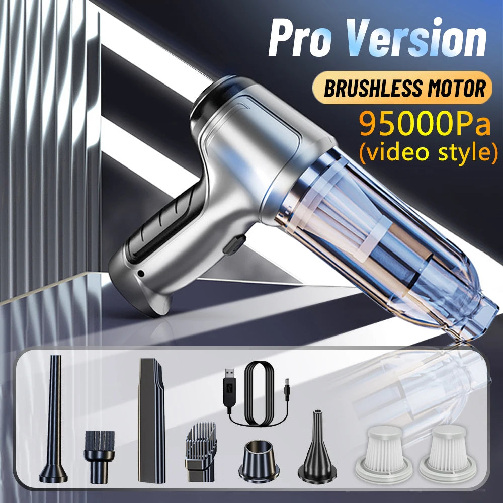 95000PA Home Appliance Car Vacuum Cleaner, A handheld car vacuum cleaner with wireless functionality and strong suction for easy cleaning.
