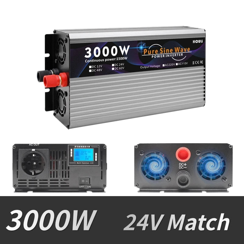A portable power bank converter that converts DC to AC and has multiple output options.