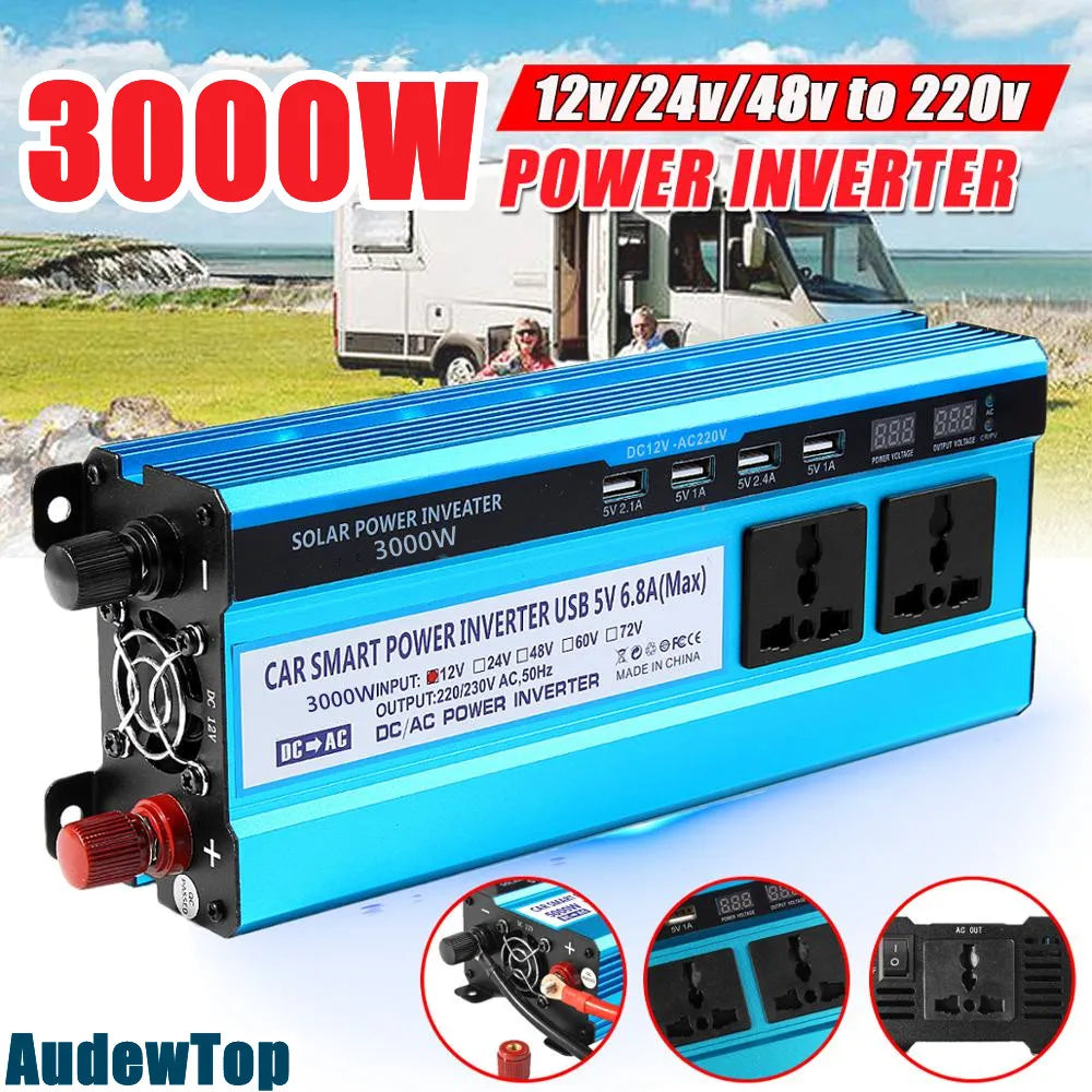 3000W Car Inverter, A powerful car inverter that converts DC voltage to AC voltage, suitable for charging laptops, tablets, and smartphones.