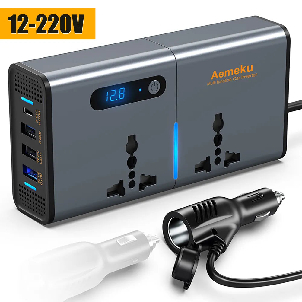 Car Inverter, A car inverter that converts DC 12V power to AC 110V or 220V with a fast charging feature and multiple socket options.