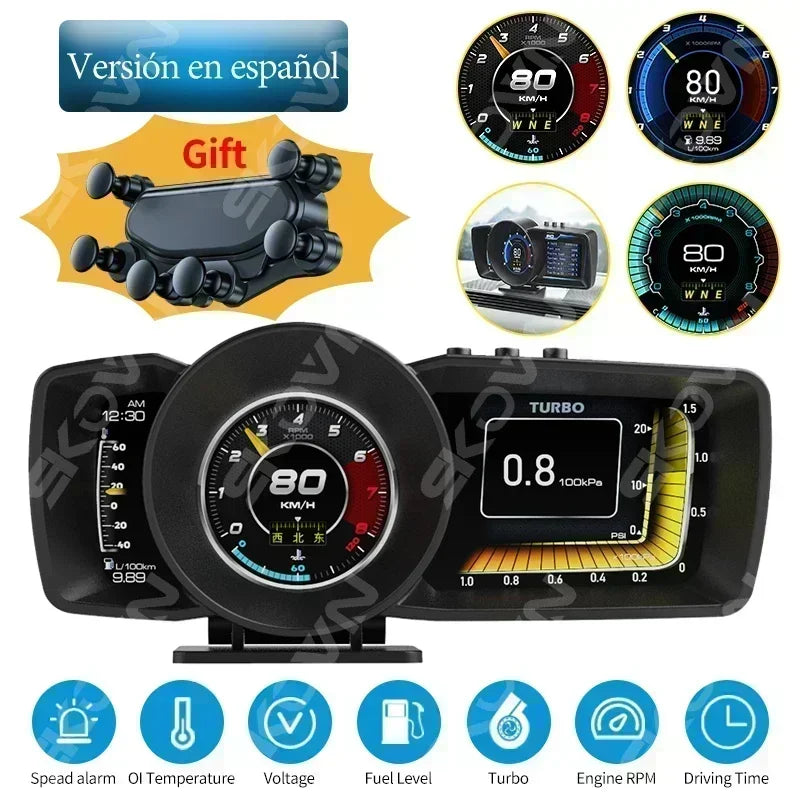 A smart car head-up display with various monitoring features.
