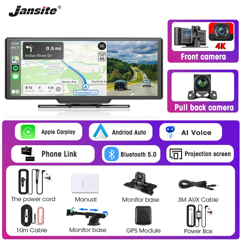 Dash cam with WiFi, CarPlay, Android Auto, 4K DVR, GPS, dual lens, 24-hour parking mode, and auxiliary output.