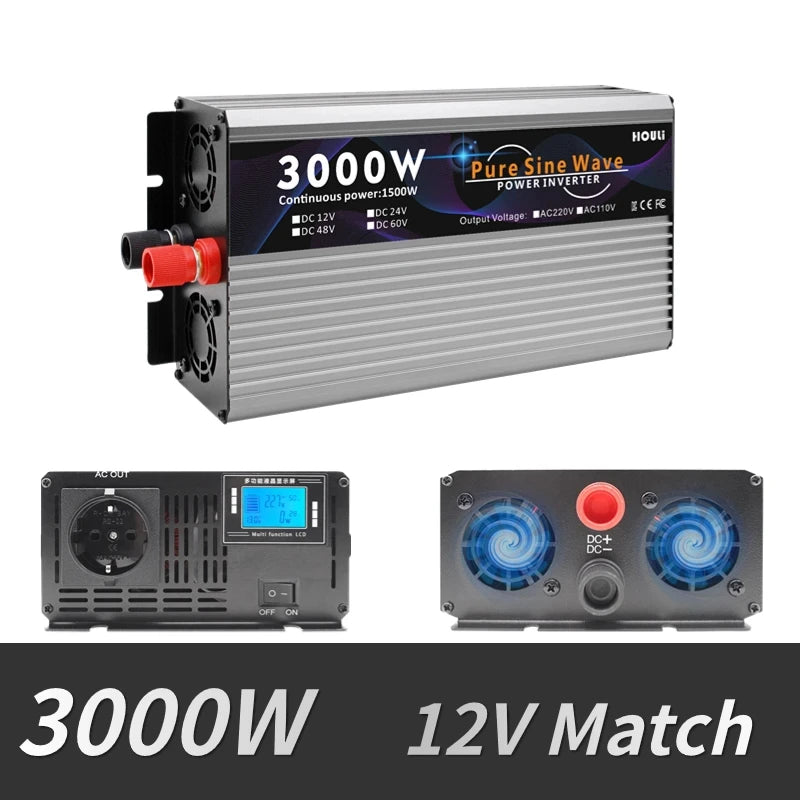 A portable power converter that converts DC power from a car or solar panel into AC power for household use.