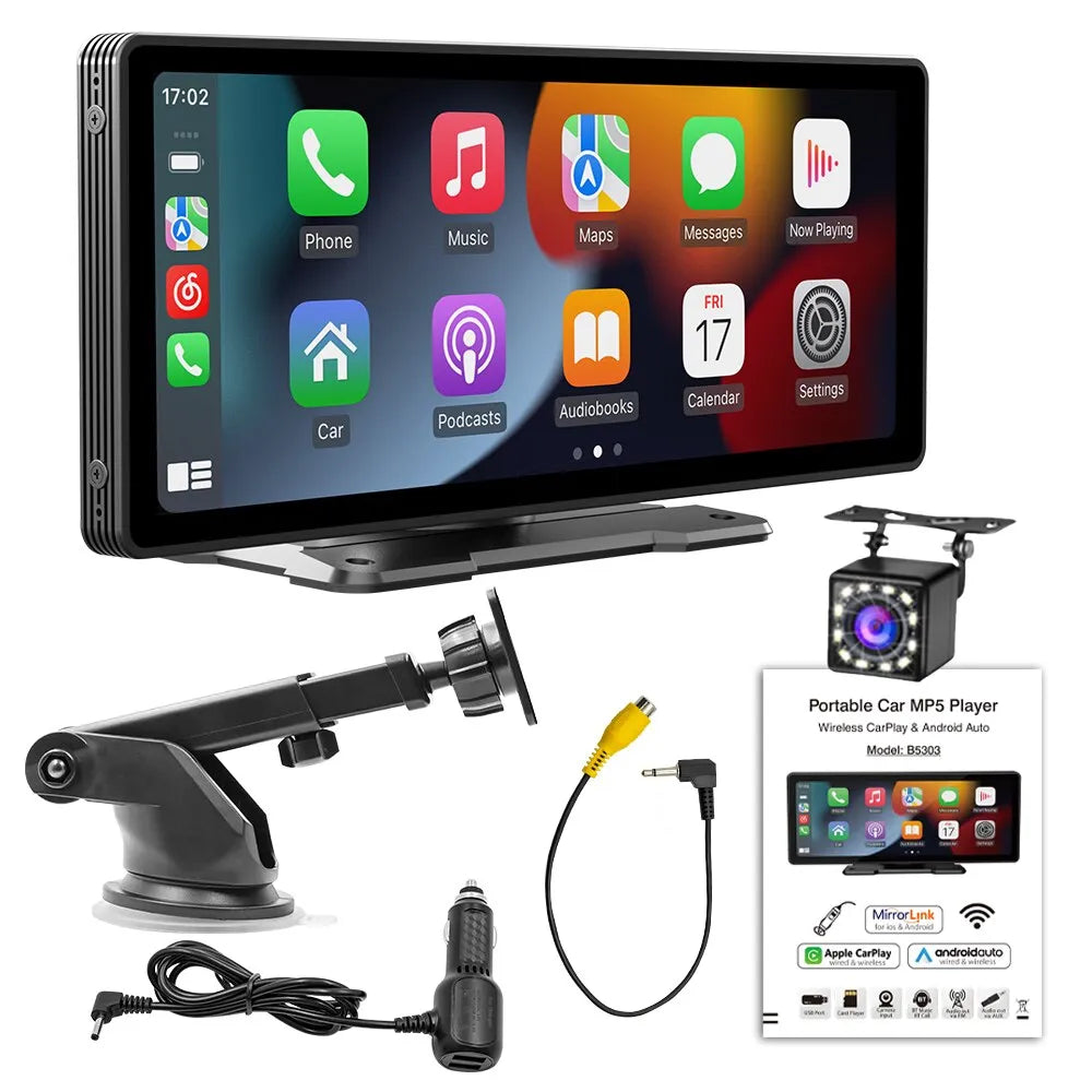 Universal car radio with 10.26” screen for Apple or Android devices, featuring phone music, maps, messages, and more.