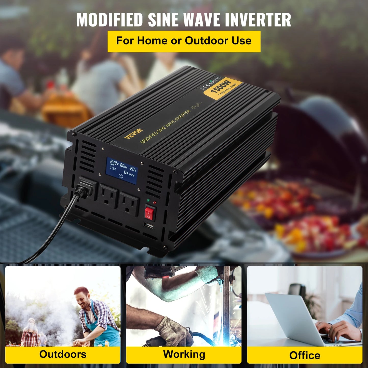 VEVOR Modified Sine Wave Power Inverter, The VEVOR modified sine wave power inverter converts DC 12 or 24V to AC 110 or 120V, suitable for camping use.