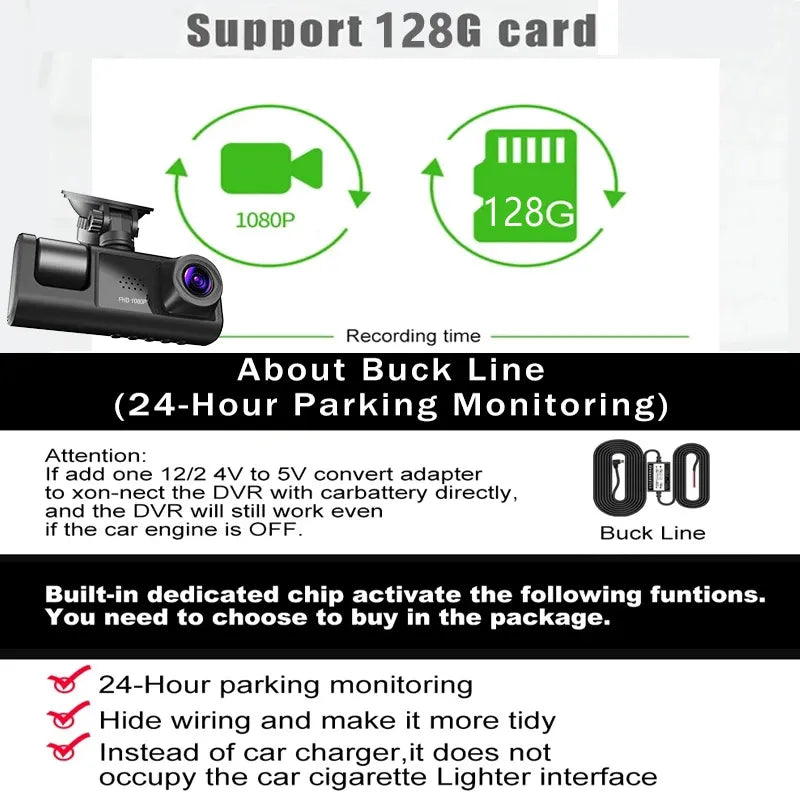 This product supports up to 1286GB card and offers 1080P resolution with recording time of about 128G, featuring Buck Line parking monitoring.