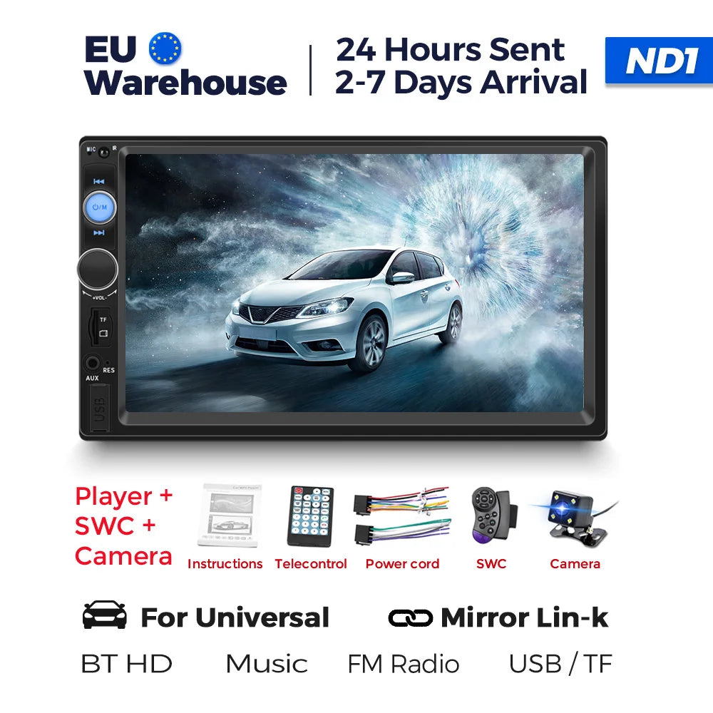 Navifly ND1 car radio with 7 inch HD touchscreen features Bluetooth, multimedia player, MP5 player, and more.