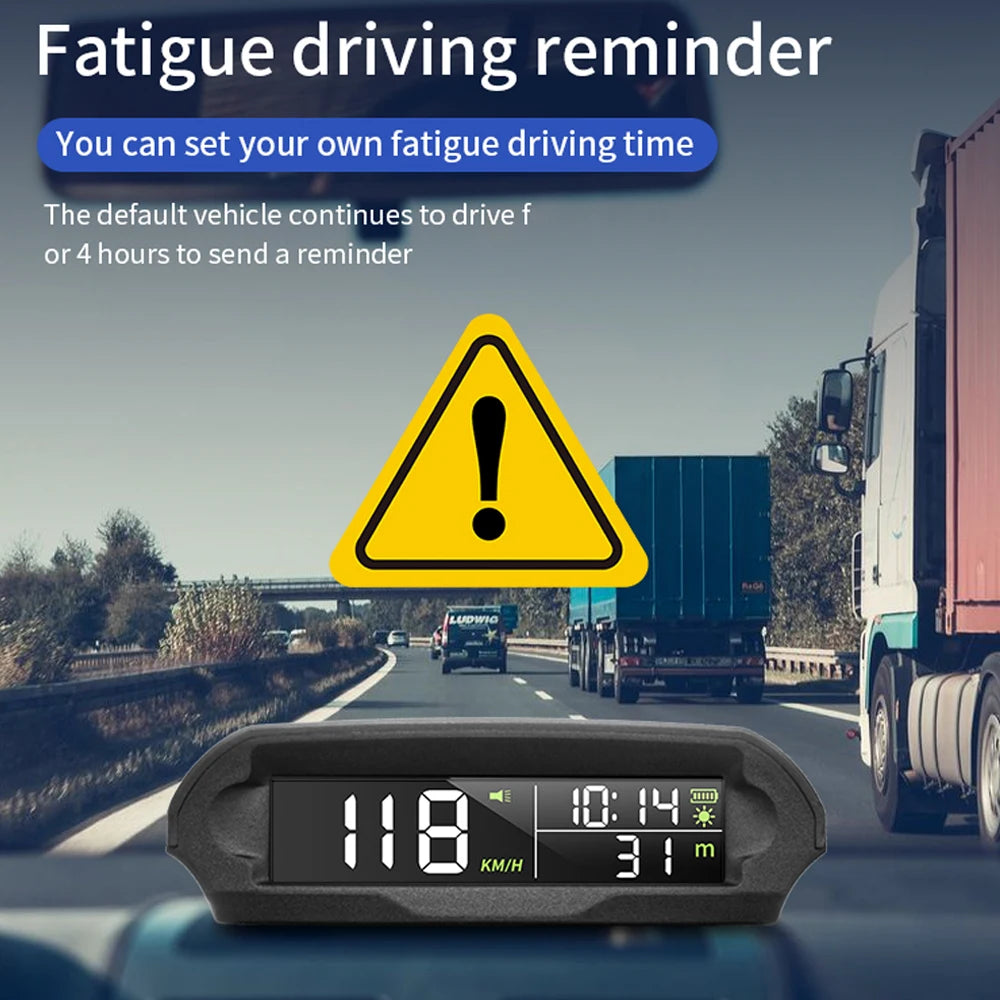 Solar Digital Car HUD, Car HUD display shows speed, temperature, and clock, with fatigue reminder setting for custom time or defaulting to 4-hour driving duration.