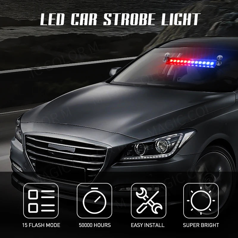 12 LED Car Strobe Light, Car strobe lights for emergency warning, auto flash, parking signal, and windshield use. Features red, blue, yellow, and white colors with waterproof design.