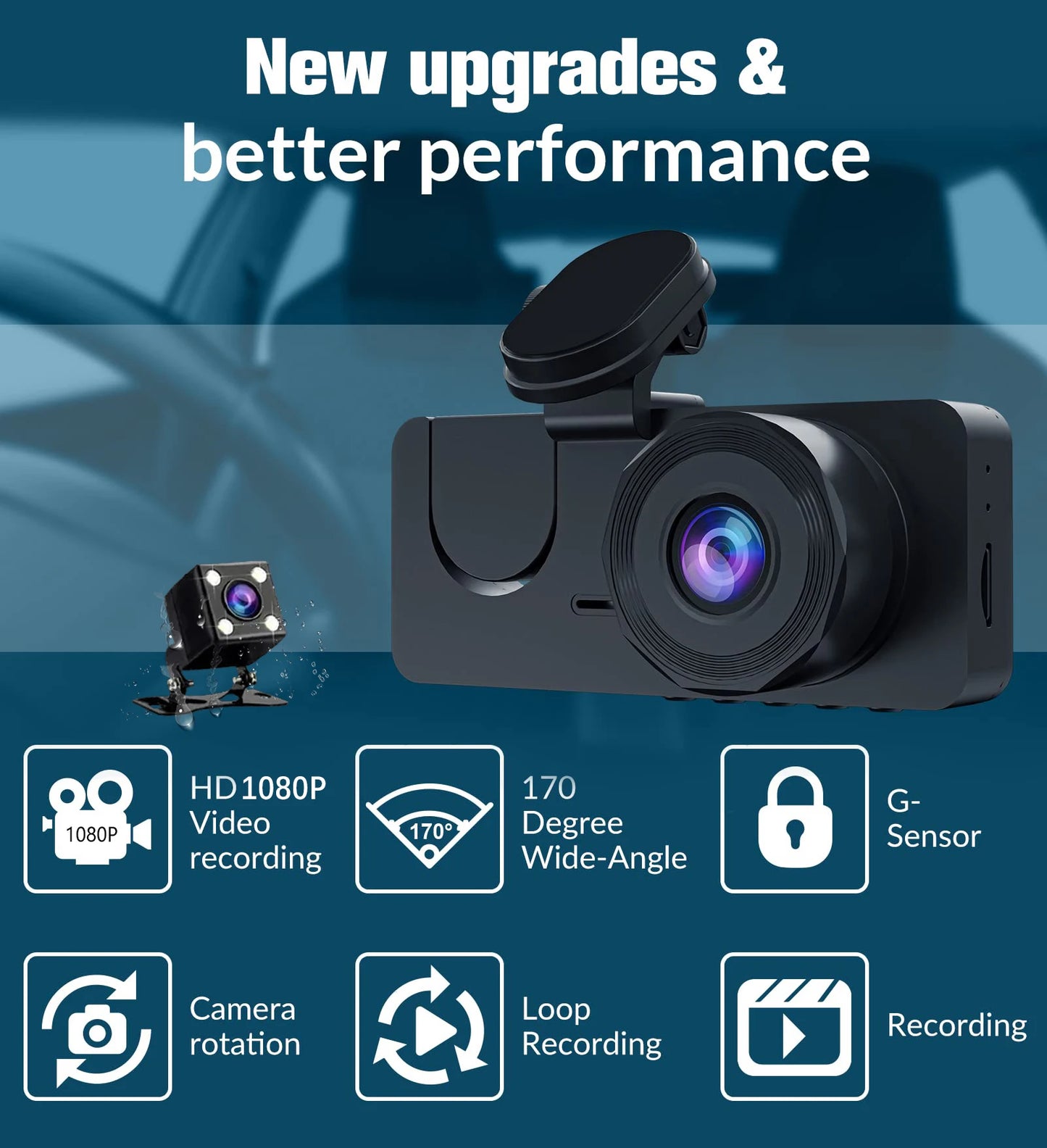 3 Channel Car DVR, FHD dash cam with inside vehicle recording, wide-angle camera, and loop rotation recording.