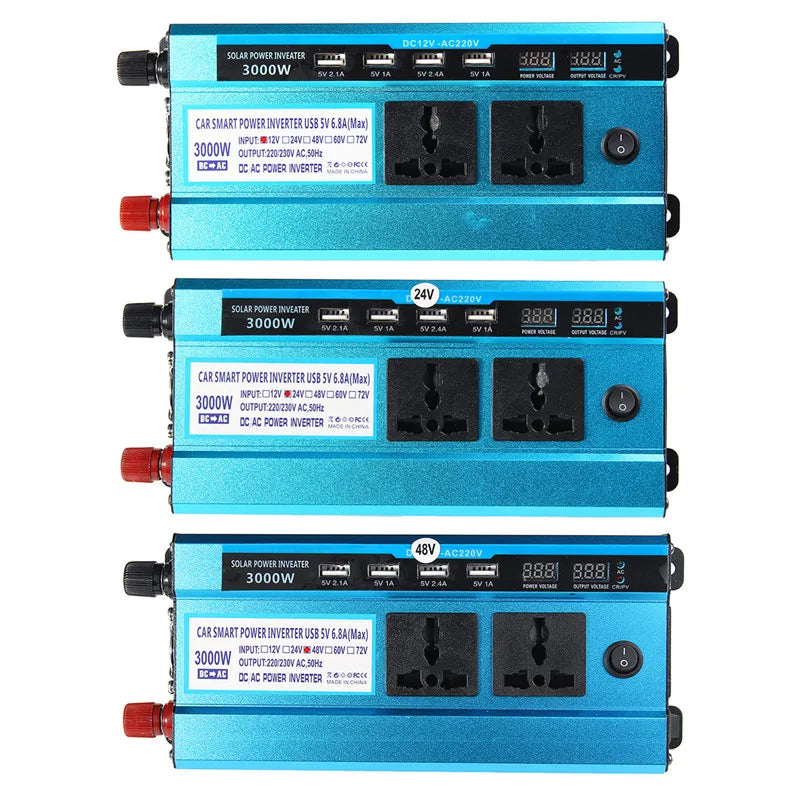3000W Car Inverter, Car inverter converts DC power from 12V, 24V or 48V to AC 220V with double LCD display and 4 USB ports.