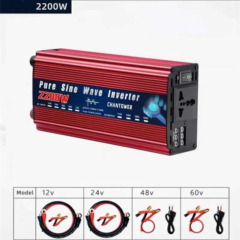 Pure Sine Wave Inverter, This product converts DC power from a 12V battery to AC power at various voltages and powers levels, suitable for portable applications.