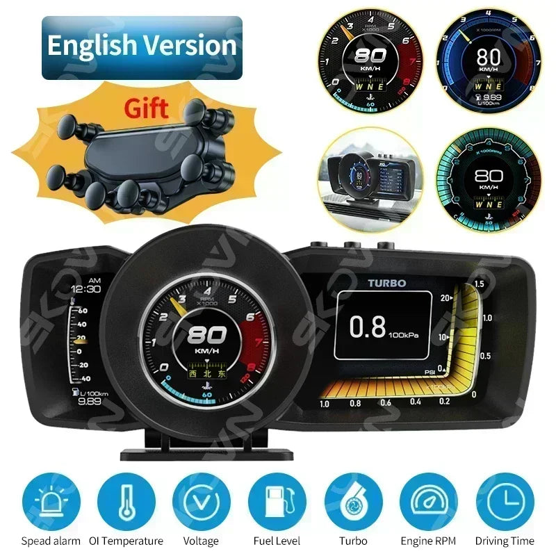 Smart car display with OBD2, GPS, and various gauges for monitoring vital systems.