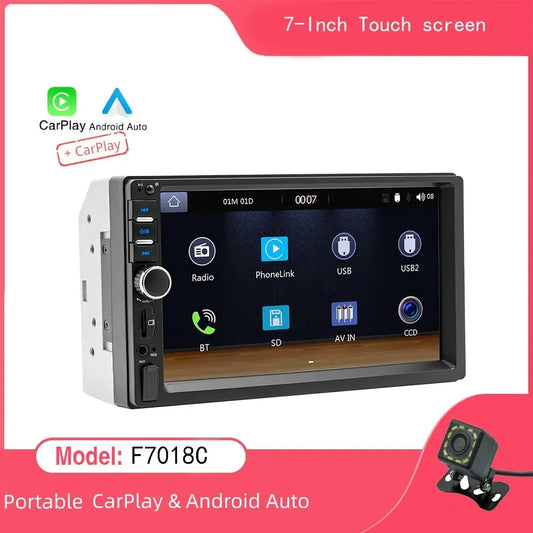 Universal CarPlay, CarPlay and Android Auto compatible radio player for Ford and VW Golf models with 7-inch touch screen and various features.