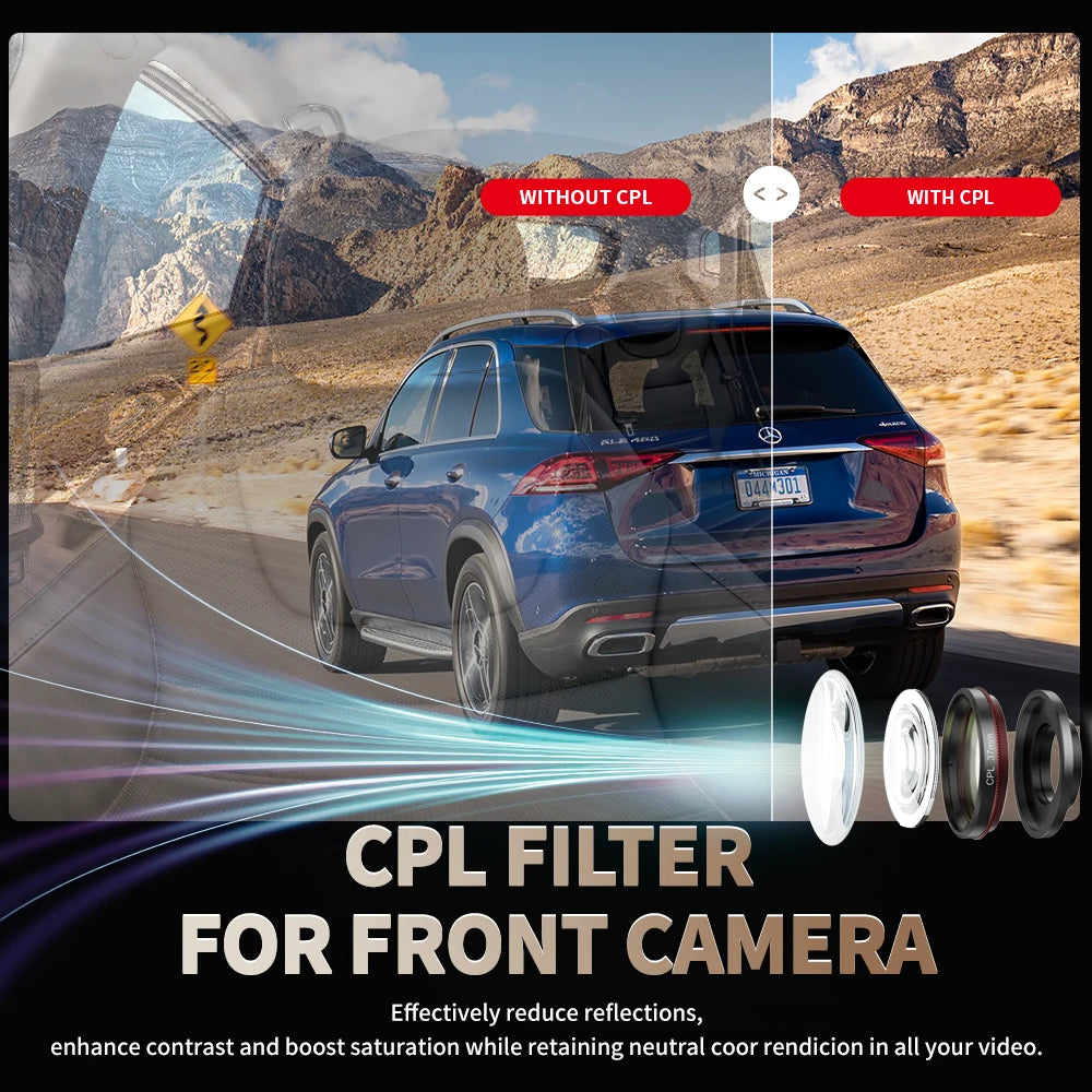 Car dash cam with 4 channels, FHD 1080p, night vision, and WiFi support for recording 360-degree video.