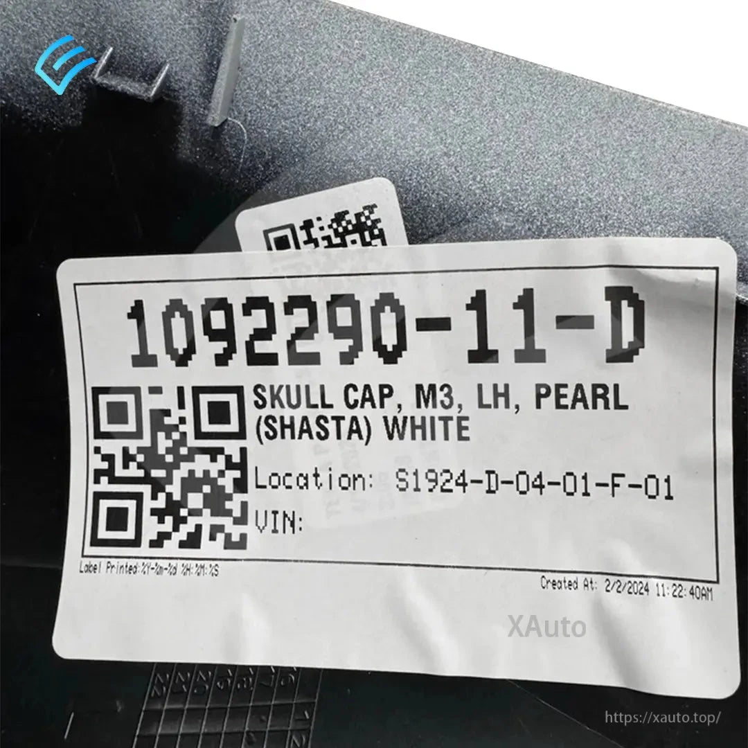 Close-up of OEM parts label: 1092290-11-D skull cap M3 LH pearl white (Shasta)