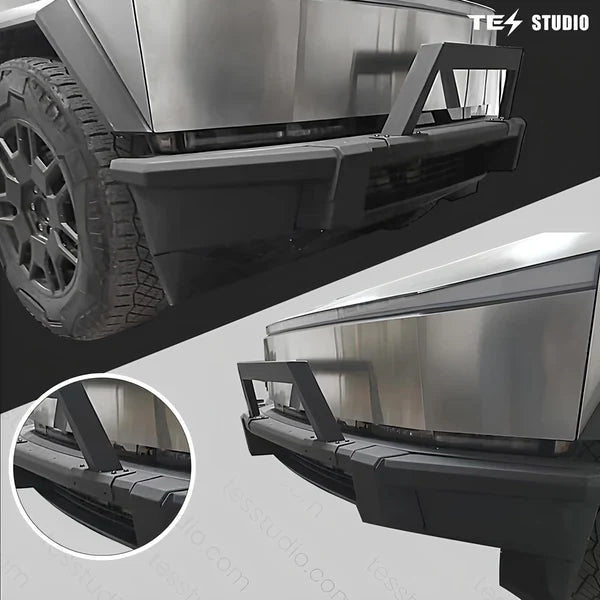 Tesla Cybertruck Steel Front Bumper with Black Texture | 5 MPH Impact-Rated Off-Road Protection & Futuristic Cyberpunk Design