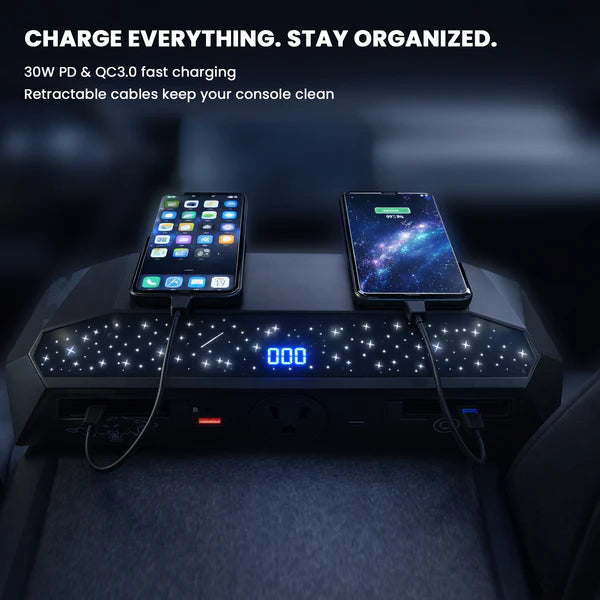 Center Console USB Charger Hub 2.0 for Tesla Cybertruck (2024+) | 110V AC Power Outlet, 30W PD Fast Charging, QC3.0, USB-A & USB-C Ports, Retractable Cables, Seamless OEM Integration