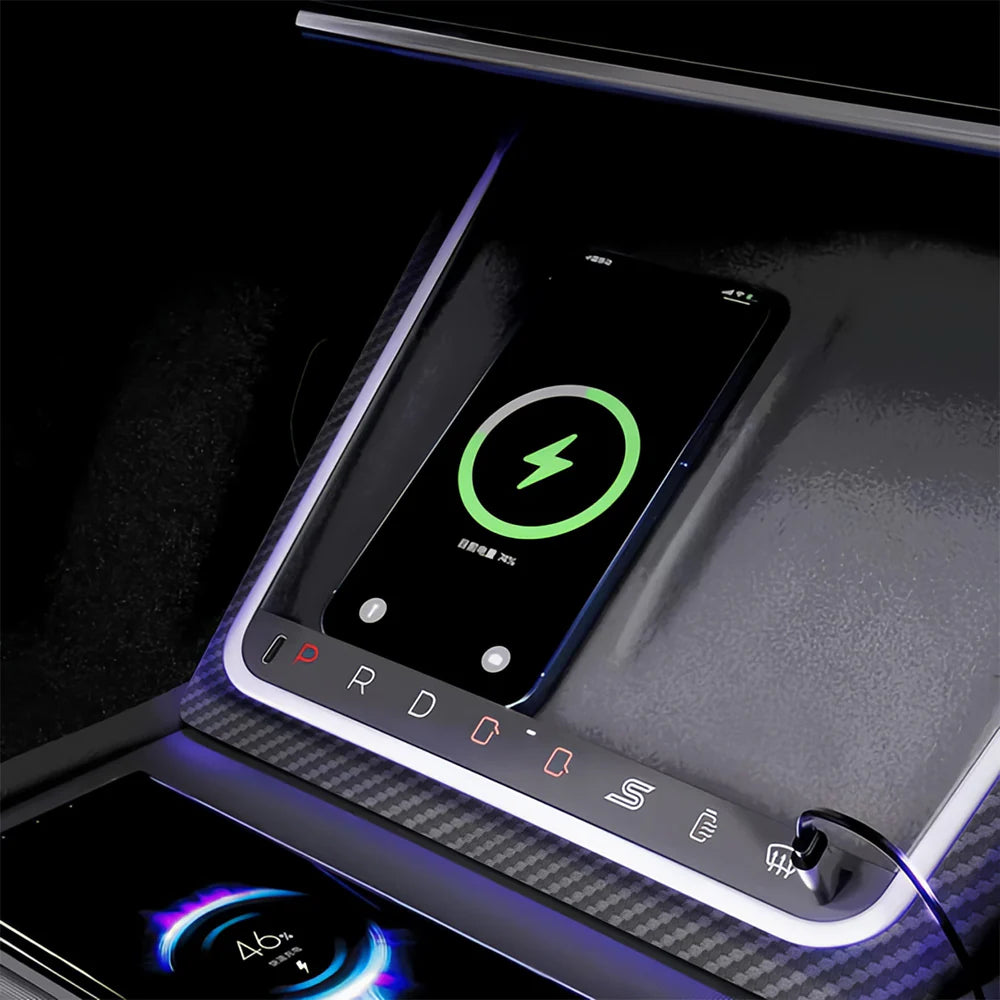 Smart Center Console Button Panel for 2025.03+ Tesla Model Y Juniper – Model X-Inspired Gear Selector Upgrade with LED Ambient Lighting, Physical Shortcut Controls for Drive/Reverse/Park, Door Access, Climate & Performance Functions