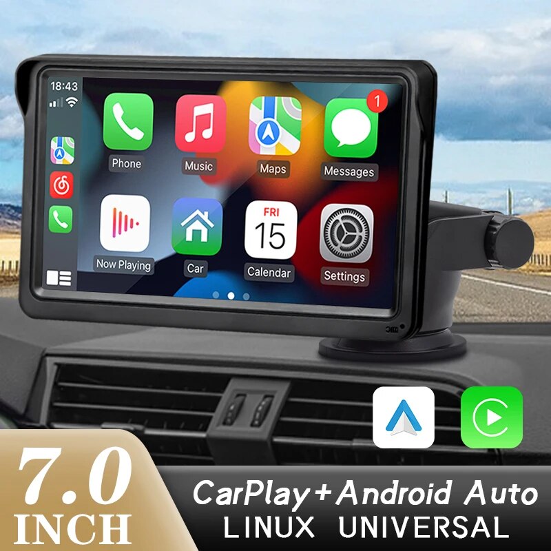 Hippcron 7 inch CarPlay, A portable video player with CarPlay and Android Auto support, rear view camera compatibility and USB/AUX connectivity.