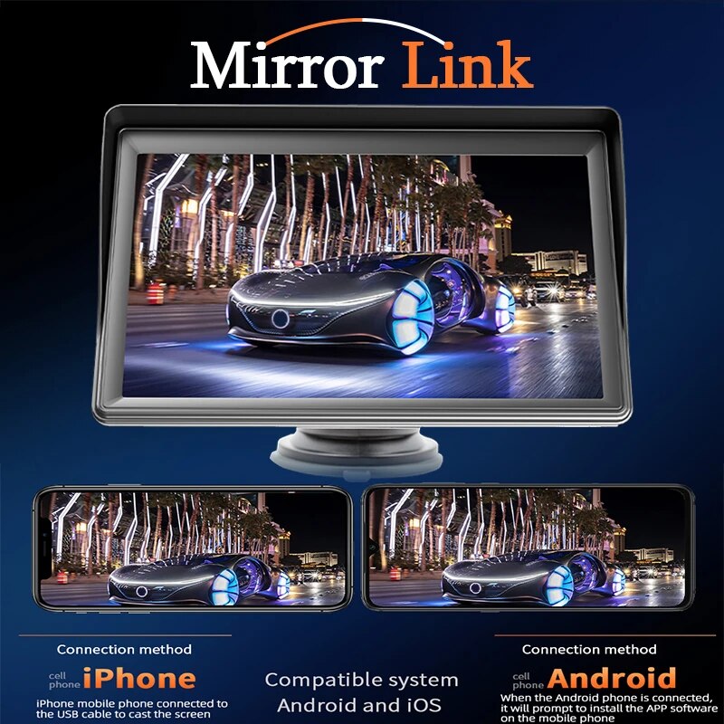 Hippcron 7 inch CarPlay, A portable video player with CarPlay, Android Auto, and Mirror Link connectivity.